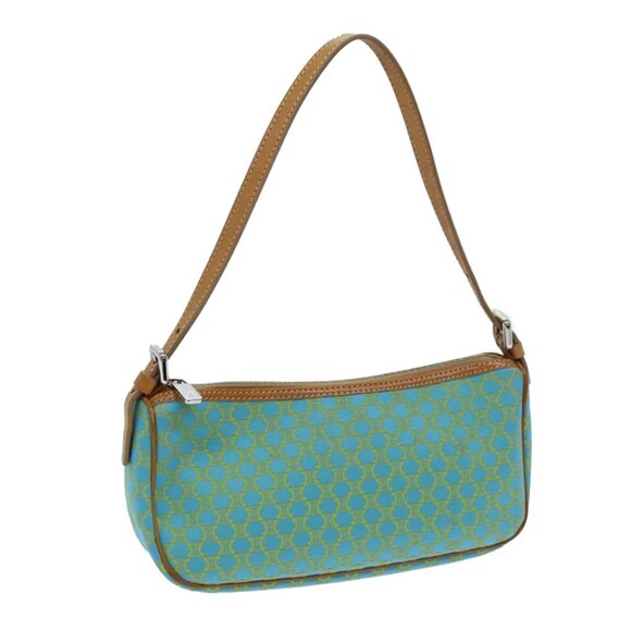 CELINE Macadam Canvas Accessory Pouch Light Blue Yellow Brown Auth 72320V - Picture 1 of 15